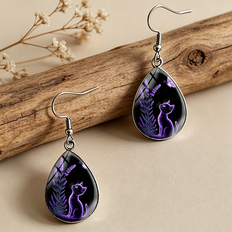 Christmas Tree Silhouette Witch Tear Drop Glass Cabochon Earrings